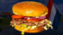 Hamburger mit Sesabrötchen, Tomaten, Zwiebeln und Fleisch vor einer niederländischen Flagge und Häusern.