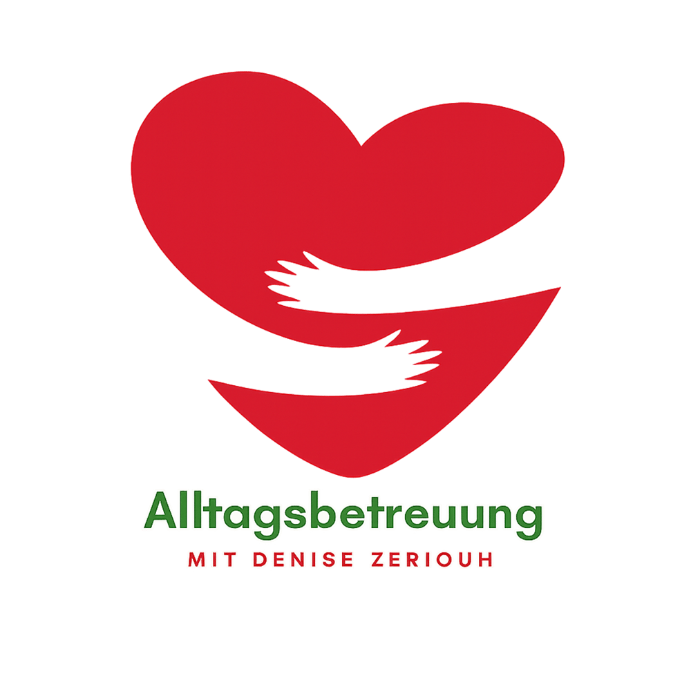 Rotes Herz mit zwei umarmenden Händen, darunter "Alltagsbetreuung mit Denise Zeriouh".