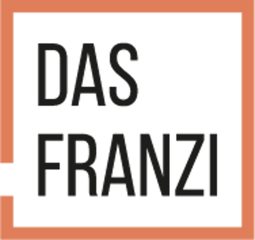 Grünes Rechteck mit orangefarbenem Rand und schwarzem Text "DAS FRANZI".