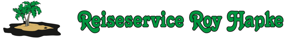 Logo mit einer Palme auf einer kleinen Insel und dem Text "Reiseservice Roy Hapke" in Grün.