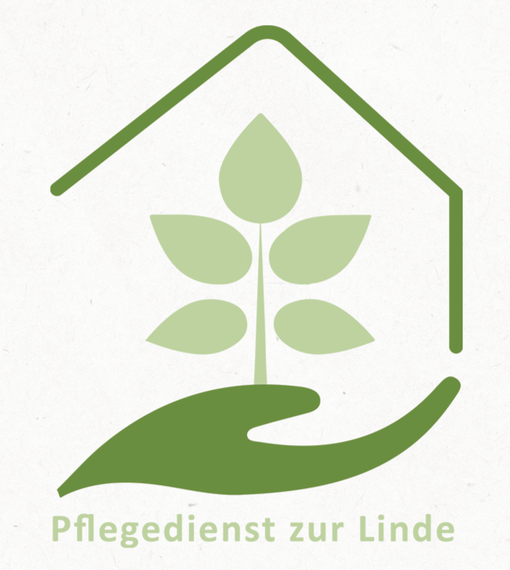 Grünes Logo: stilisierte Hand hält Pflanze unter Hausdach, darunter der Text "Pflegedienst zur Linde".