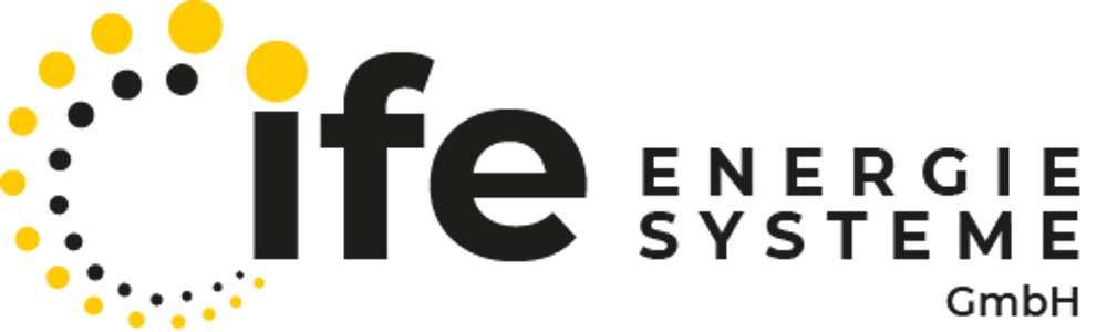 Logo der ife ENERGIESYSTEME GmbH mit gelbem Punktekreis auf schwarzem Hintergrund.