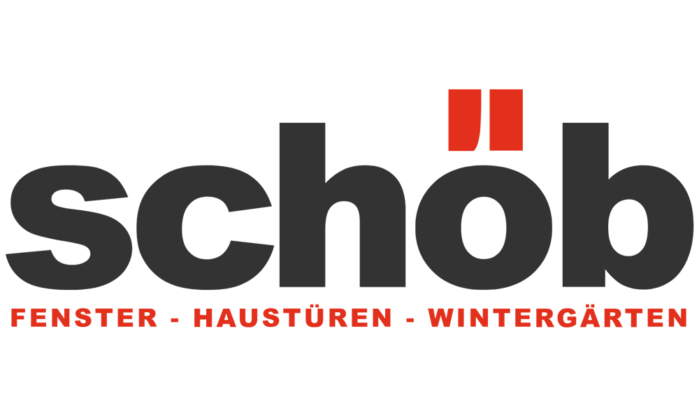 Das Logo von Schöb Fenster zeigt ein graues Quadrat mit einem kleineren Quadrat und dem roten Text "schöb" und grauem Text "FENSTER".