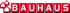 Bauhaus Logo mit drei roten Häuser-Symbolen und weißem Schriftzug auf roten Quadraten vor schwarzem Hintergrund.