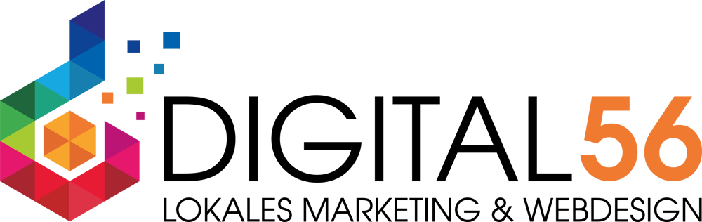 Logo "DIGITAL56 Dennis Stotz" mit farbigem sechseckigem Pixelmuster, das sich nach oben rechts auflöst.