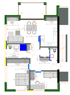 Grundriss einer Wohnung mit Möbeln, darunter Betten, Sofa, Esstisch, Schreibtisch und Schränke.