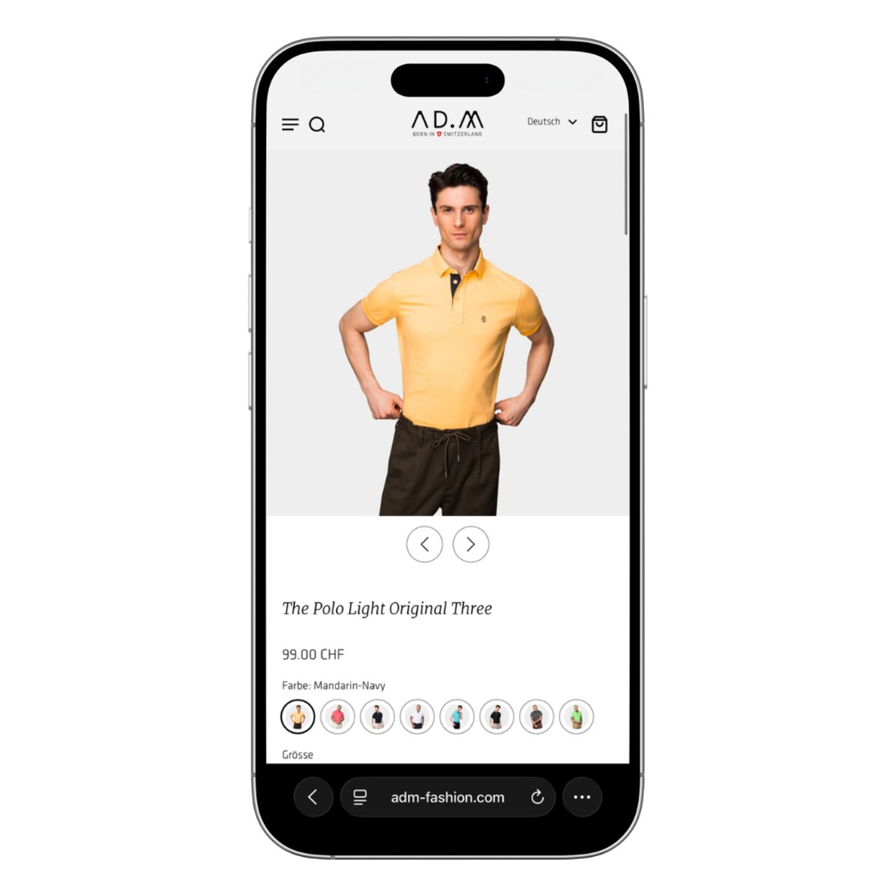 Ein Smartphone mit AD.M-Online-Shop: Mann in gelbem Poloshirt, darunter Produktname, Preis und Farboptionen.