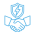Blaues Icon eines Händedrucks unter einem Schutzschild mit Blitz-Symbol auf schwarzem Hintergrund.