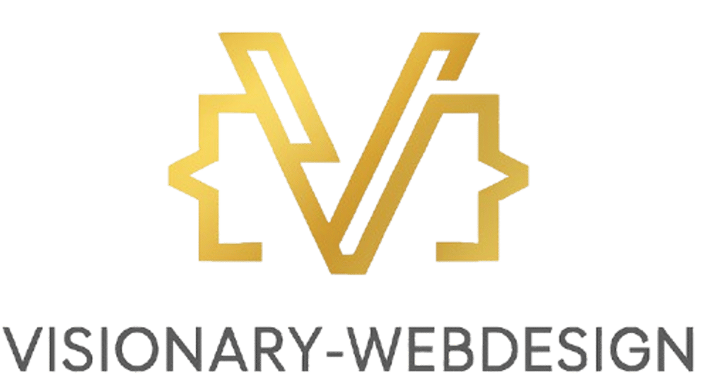 Goldenes "V" und "M" Logo mit geschweiften Klammern und "VISIONARY-WEBDESIGN" Text.
