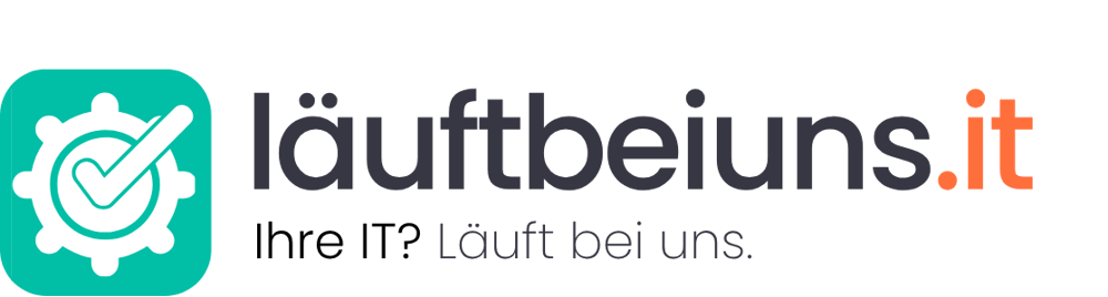 Logo: Zahnrad mit Häkchen, Text "läuftbeiuns.it", darunter "Ihre IT? Läuft bei uns."