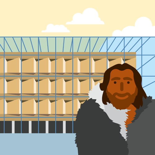 Illustration des LVR LandesMuseums mit dem Neandertaler im Vordergrund