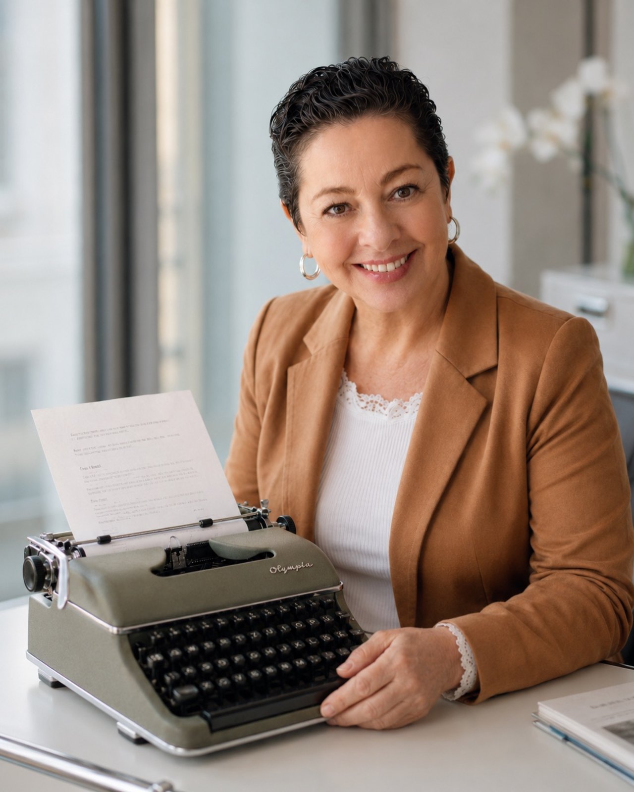 Sabine Lanius mit der Olympia-Schreibmaschine aus ihrer Kindheit