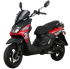 Red and black off-road scooter with knobby tires, side angle view.