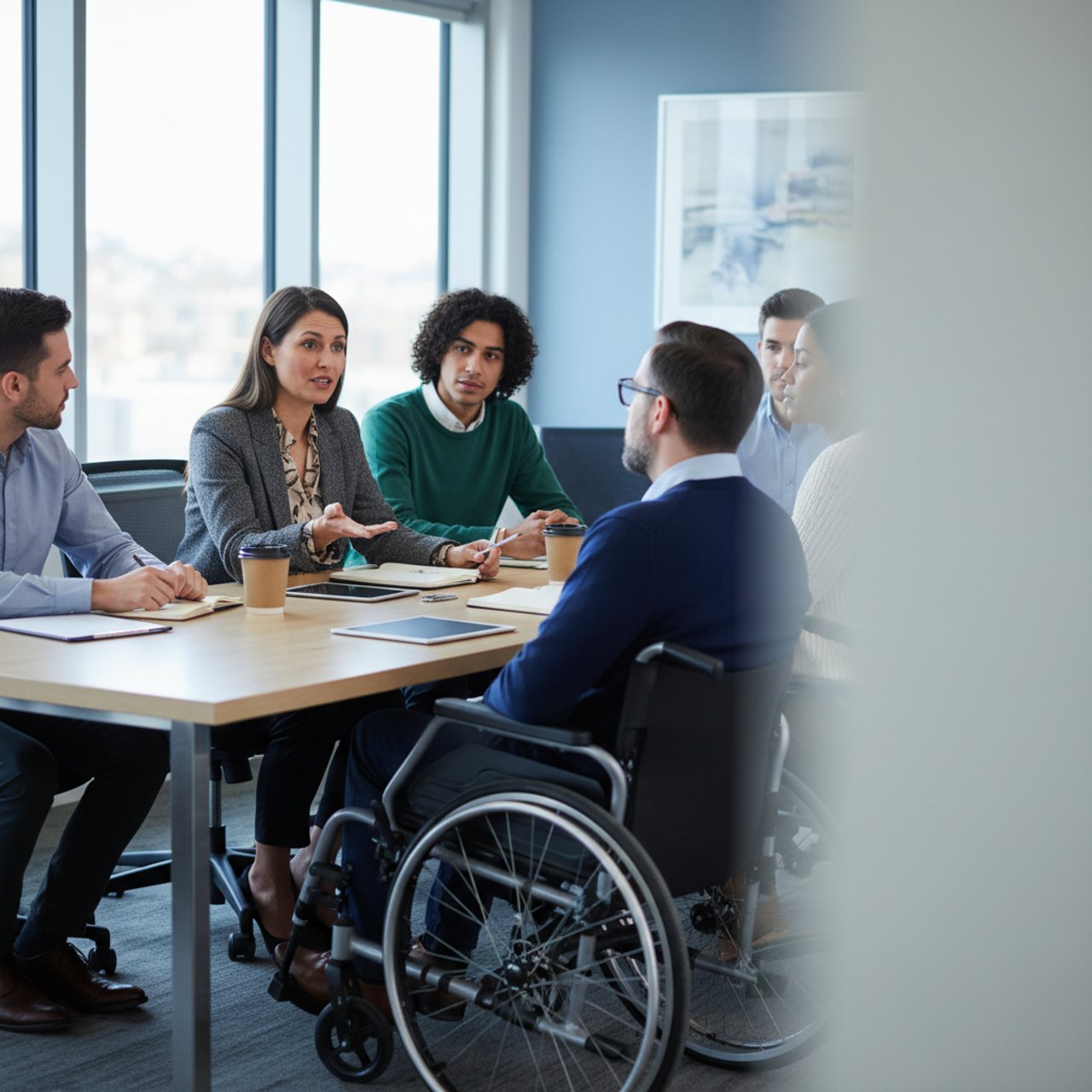 Inklusives Team-Meeting: Führungskraft im Gespräch mit einem diversen Team, darunter eine Person im Rollstuhl