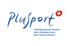 Plusport Logo: Blauer Schriftzug "Plusport" mit Schweizer Kreuz als Pluszeichen, darunter "Behindertensport Schweiz".