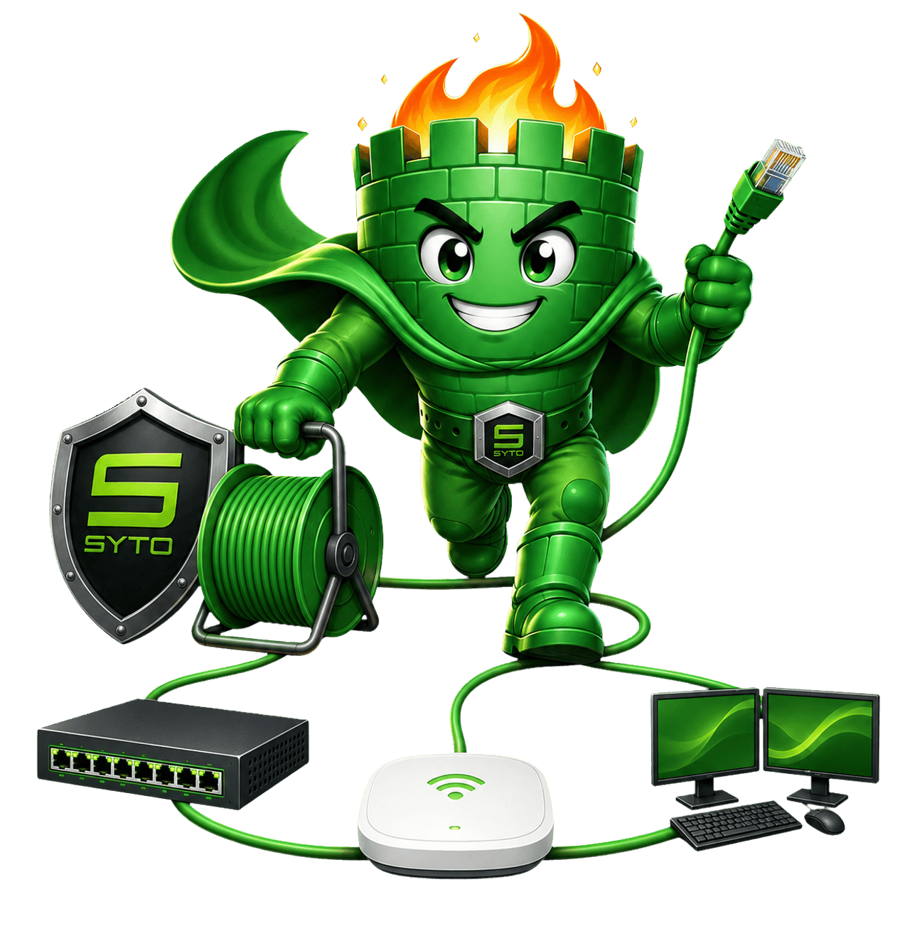 Grüne SYTO-Figur mit Umhang hält Netzwerkkabel über einen Switch, einen WLAN-Router und Monitore, Sinnbild für vernetzte Betriebe in Rüsselsheim