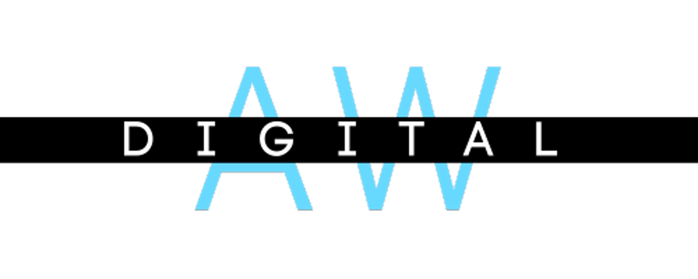 AW DIGITAL Logo mit blauen, stilisierten A- und W-Buchstaben, die über und unter dem Wort DIGITAL liegen.