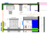 Grundriss einer 1-Zimmer-Wohnung mit Sofa, Bett, Küchenzeile, Bad, Schreibtisch und Abmessungen.