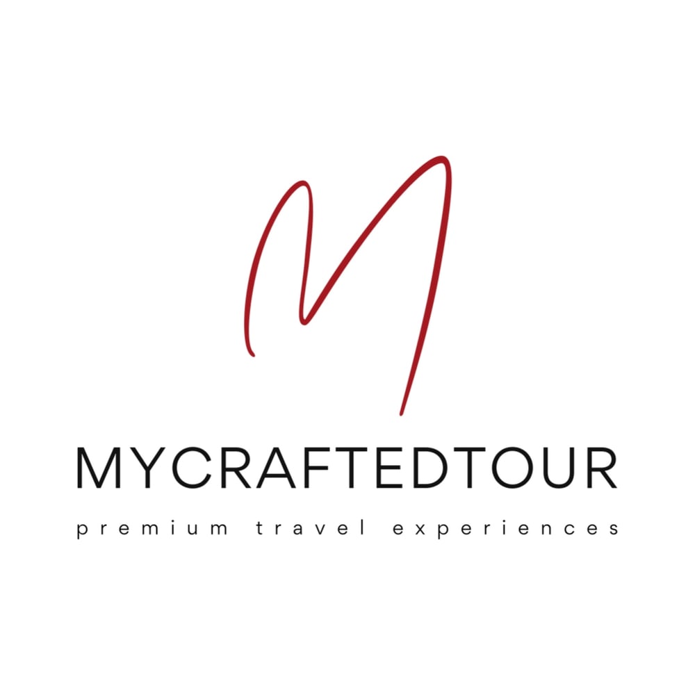 Red cursive "M" above "MYCRAFTEDTOUR" and "premium travel experience" text on dark green.