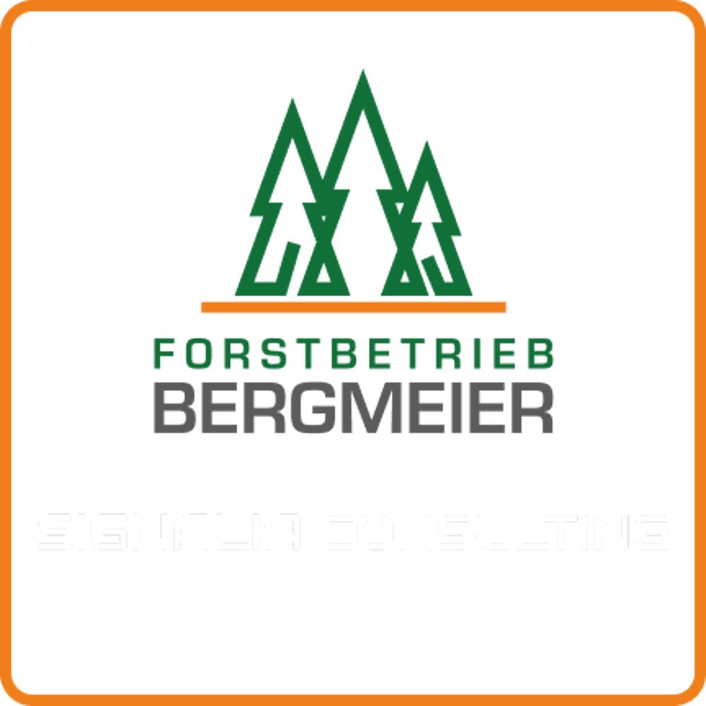 Logo von Forstbetrieb Bergmeier mit drei grünen stilisierten Bäumen über dem Namen und "SIGNALIA CONSULTING" darunter.