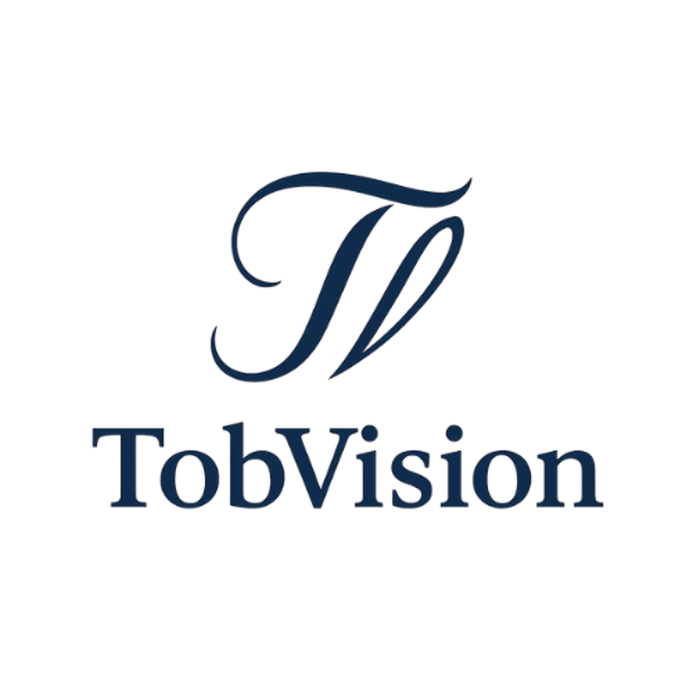 TobVision Logo mit geschwungenem "TV" Monogramm über "TobVision" Schriftzug.