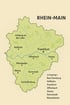 Digitale Karte des Rhein-Main-Gebiets mit Städten wie Frankfurt am Main, Wiesbaden, Mainz, Darmstadt, Offenbach, Hanau, Bad Homburg, Rüsselsheim, Aschaffenburg, Hofheim und umliegenden Orten. Die Karte zeigt Flüsse Rhein und Main, Stadtgrenzen sowie eine übersichtliche Legende aller Stadtgebiete. Ästhetisch gestaltete Landkarte im modernen Stil zur geografischen Orientierung der Metropolregion Rhein-Main.