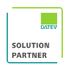 DATEV Solution Partner Logo mit grünem Quadrat und blauer Schrift