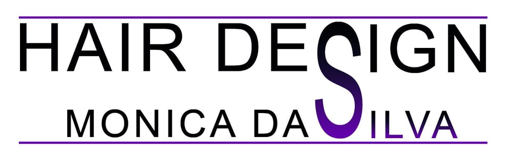 Logo Hair Design Monica Da Silva mit schwarzer und lila Schrift zwischen zwei horizontalen violetten Linien.