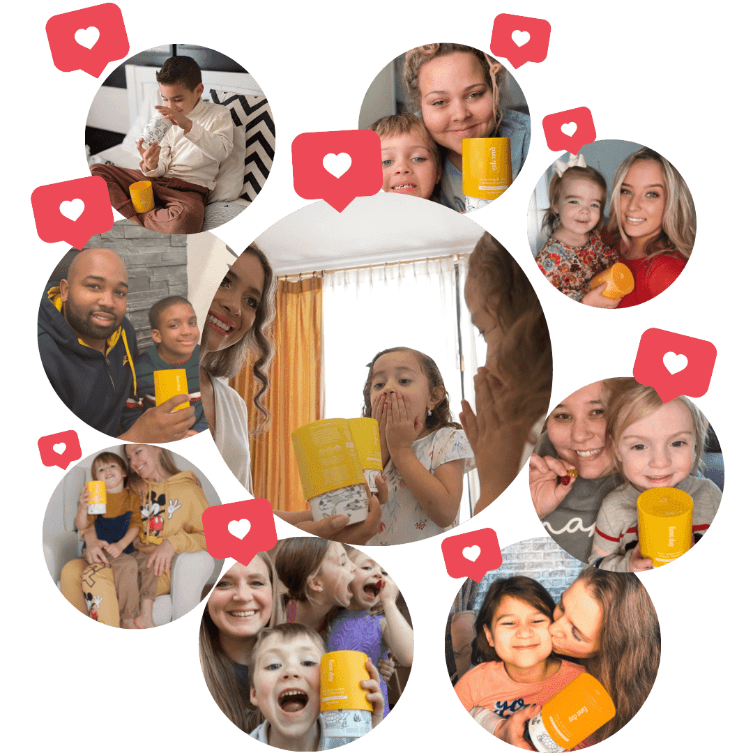 Collage of people smiling with yellow containers, surrounded by heart icons.