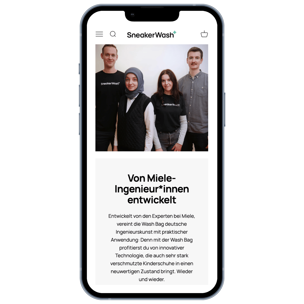 Smartphone zeigt den SneakerWash Online-Shop von Miele.