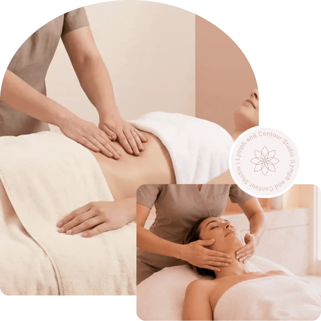Therapist performing manual abdomen and neck two women at Lymph and Contour Studio
