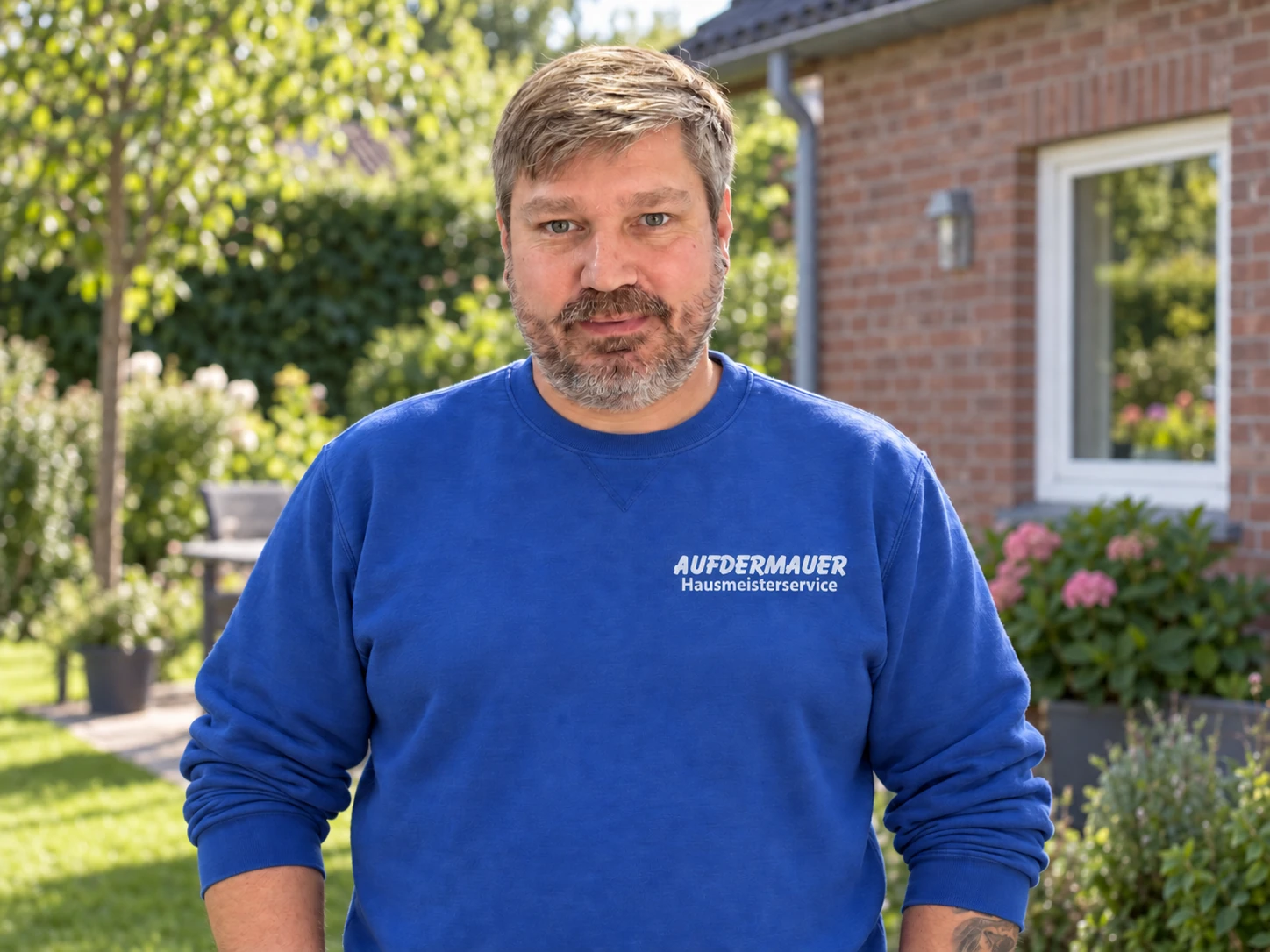 Björn Aufdermauer im blauen Pullover mit Firmenlogo; Kleidung und Hintergrund KI-bearbeitet