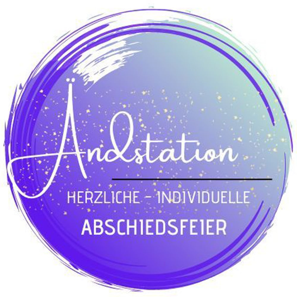 Lila-blauer Kreis mit goldenen Sprenkeln und Text: "Andstation, HERZLICHE INDIVIDUELLE ABSCHIEDSFEIER".