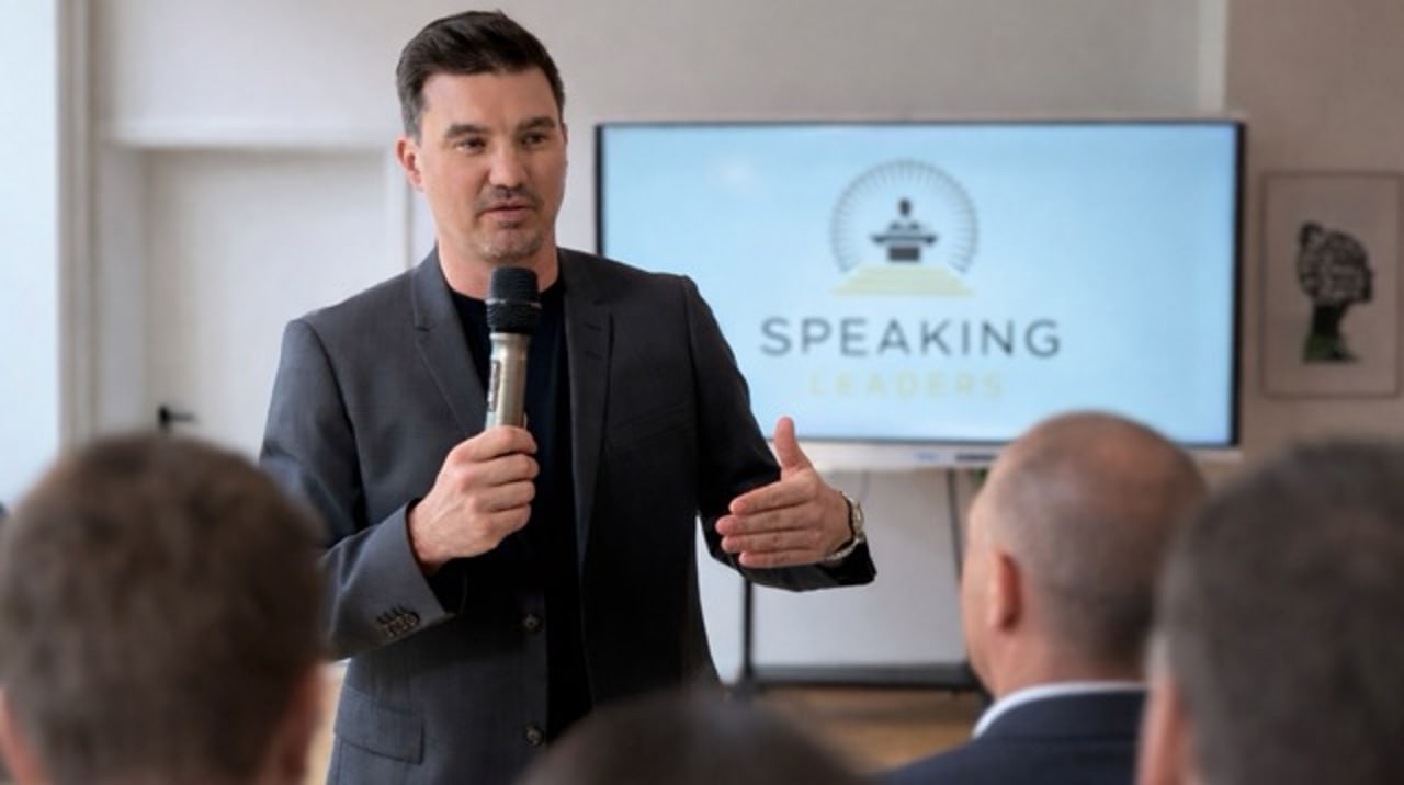 Tim Christopher Gasse spricht mit Mikrofon vor Führungskräften im Speaking-Leaders-Training von NEOP