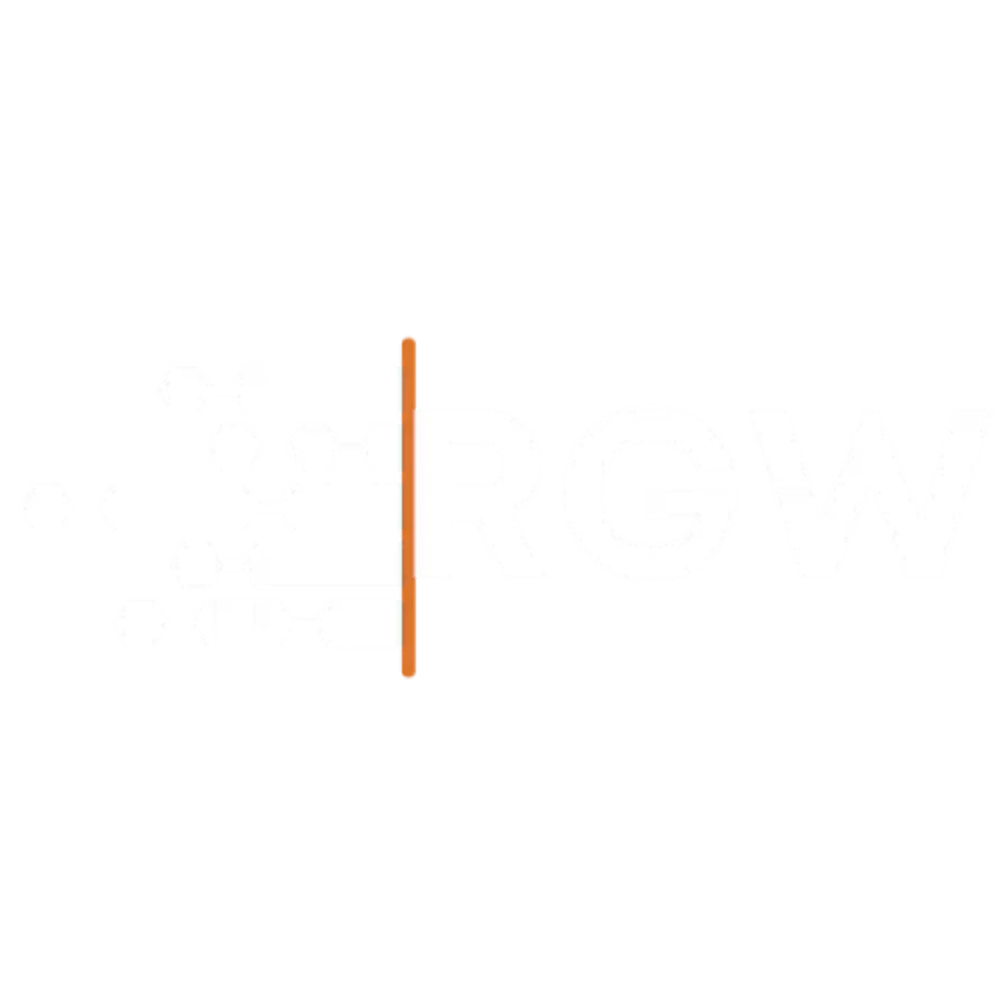Weißes "RGW"-Logo mit orangefarbenem vertikalen Strich und stilisierten Datenpunkten, die von links auf den Strich zulaufen.