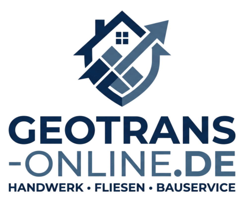 GEO TRANS-ONLINE.DE Logo: Haus, Pfeil nach oben, Text "HANDWERK • FLIESEN • BAUSERVICE".