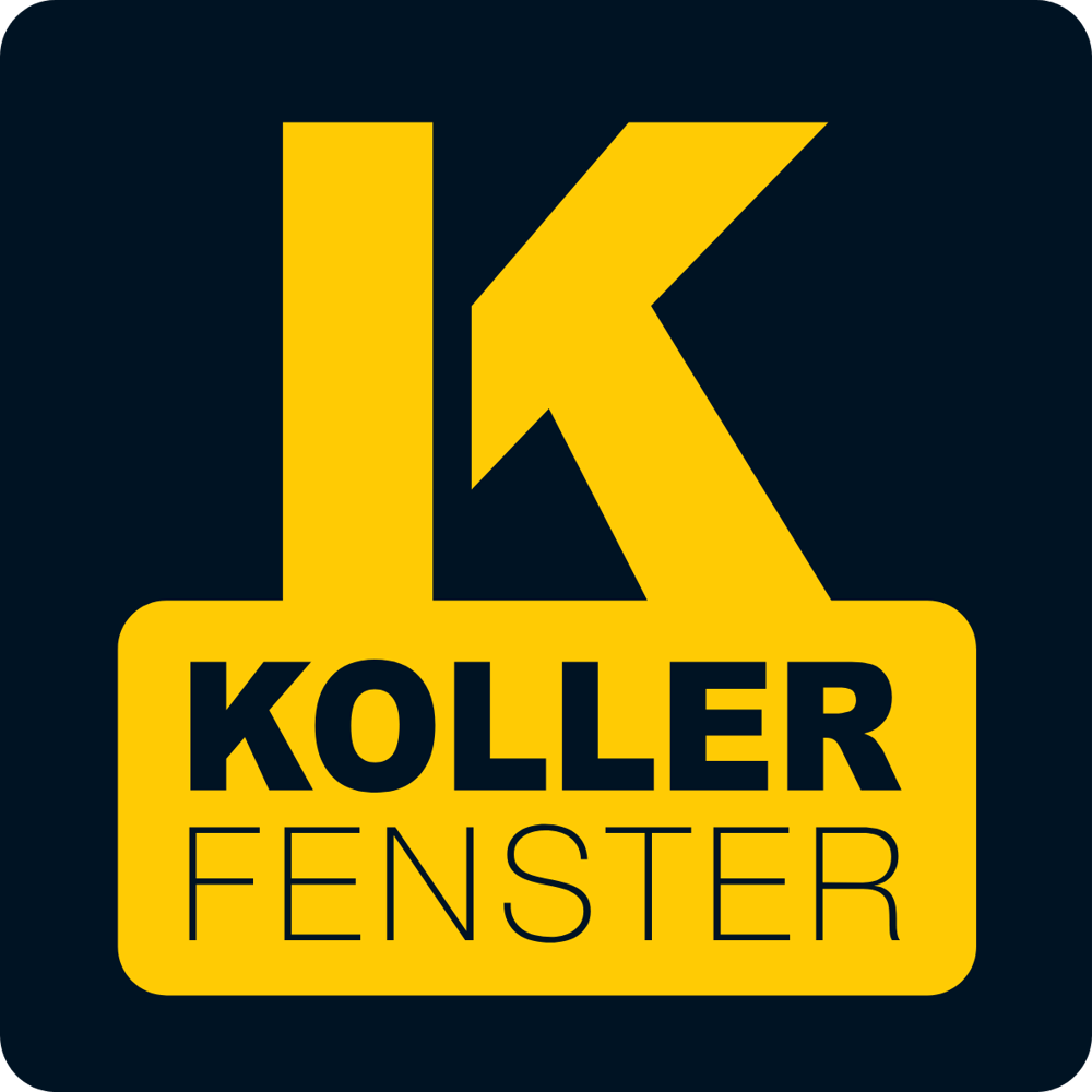 Logo mit großem gelben "K", darunter in einem gelben Rechteck "KOLLER FENSTER" in schwarzen Großbuchstaben.