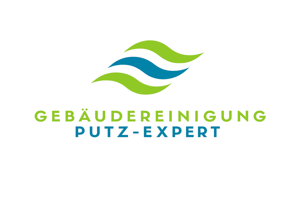 Logo von Gebäudereinigung Putz-Expert mit drei geschwungenen Linien in Grün und Blau auf schwarzem Hintergrund.