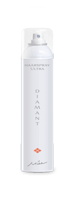 Weiße Sprühdose Haarspray Ultra Diamant mit transparenter Kappe vor schwarzem Hintergrund.