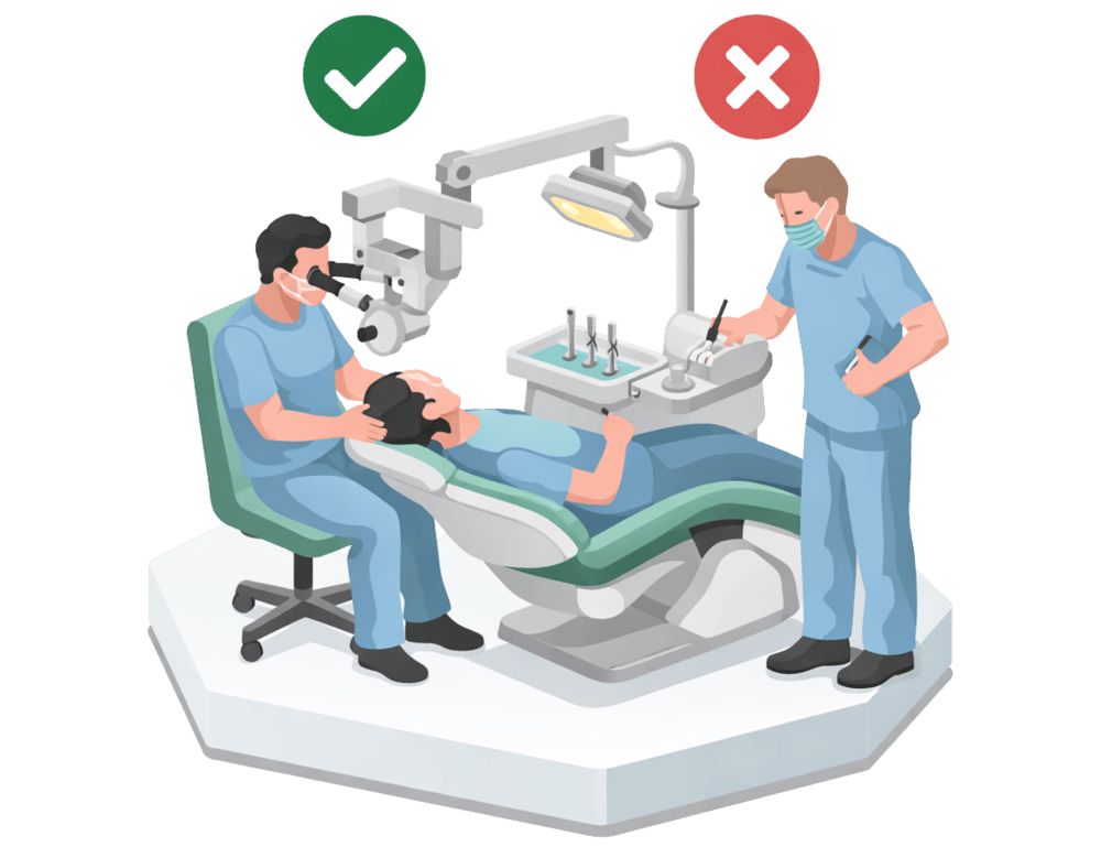 Zahnarzt untersucht Patienten mit Mikroskop; Assistent steht daneben; Häkchen oben links, X oben rechts.