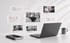 Ein Laptop auf einem Schreibtisch mit schwebenden digitalen Fenstern, die Teamfotos, Videos und Social-Media-Icons zeigen.