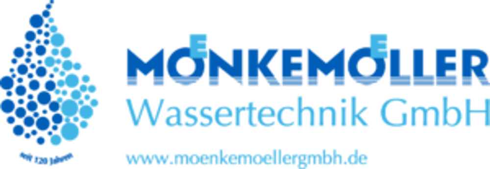 Blauer Wassertropfen aus Pixeln links neben dem Text "MÖNKEMÖLLER Wassertechnik GmbH" und "www.moenkemoellergmbh.de".