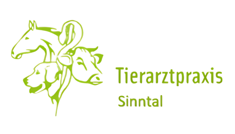 Logo der Tierarztpraxis Sinntal mit grünen Silhouetten von Pferd, Hund, Kuh und Schlange auf schwarzem Grund.