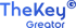Blauer Schriftzug „TheKey Greator“ mit einem eingekreisten „G“-Symbol auf schwarzem Hintergrund.