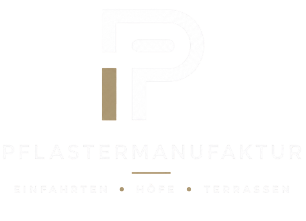 Logo der Pflastermanufaktur für Einfahrten, Höfe und Terrassen mit einem stilisierten weißen P auf schwarzem Grund.