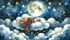 Kind schläft auf einer Wolke unter dem Vollmond und einem Sternenhimmel.