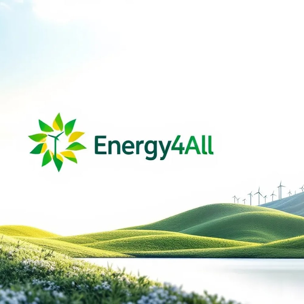 Energy4All-Logo mit Windrad und Blättern, über grünen Hügeln, See und Windparks.
