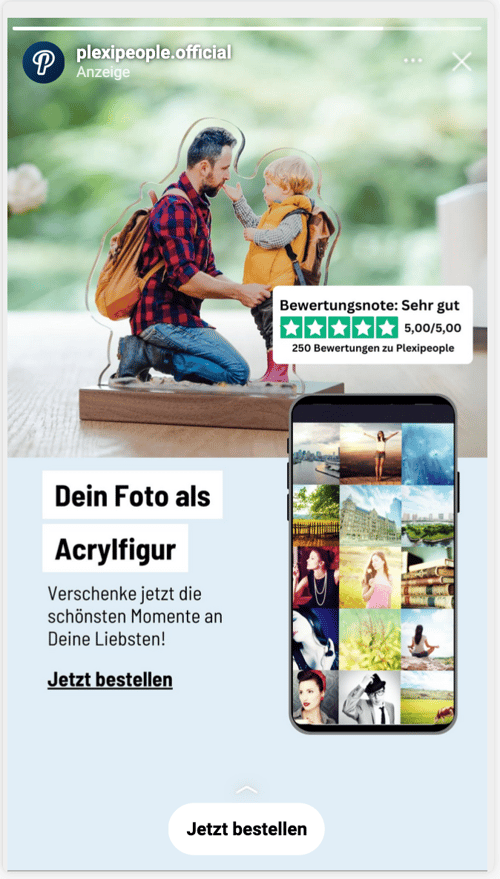 Story-Anzeige für eine Acrylfigur von Vater und Kind mit Bewertung 5,00 von 5
