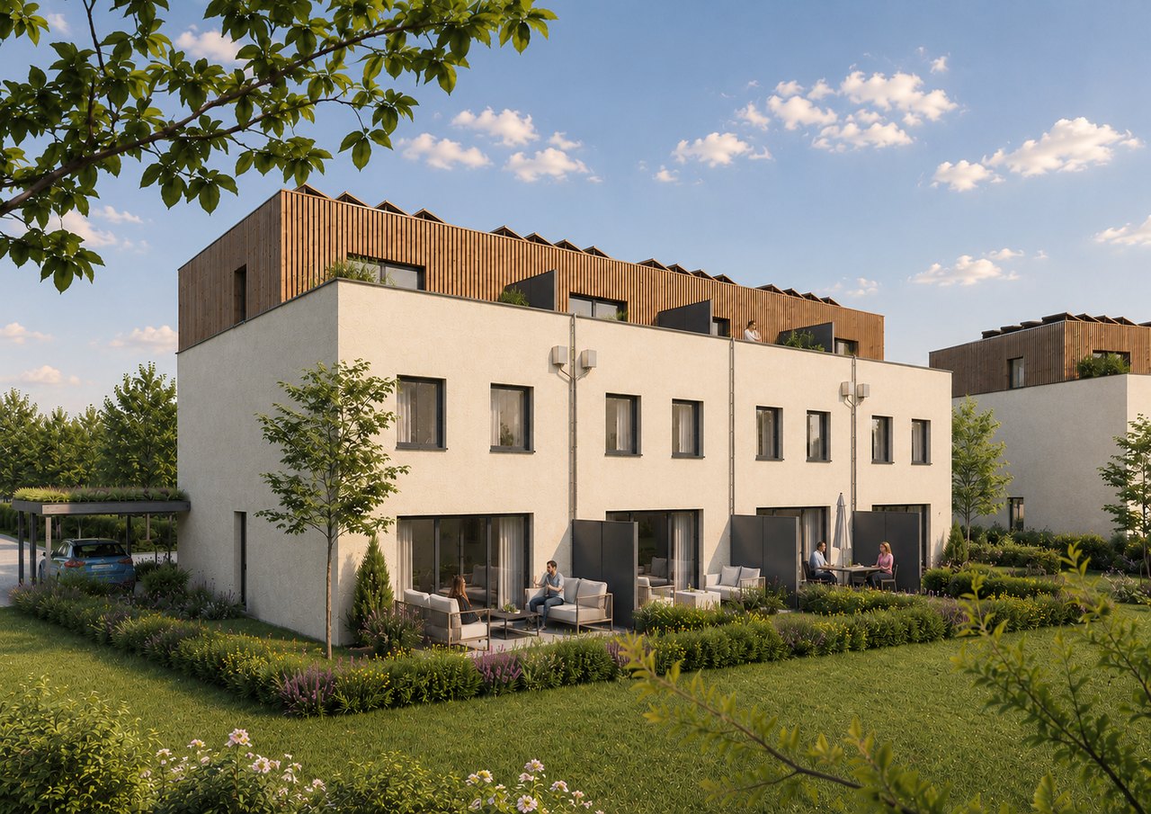 Reihenhäuser Quartier Glashütte Achern, Außenansicht mit Garten