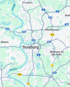 Karte der Region Duisburg mit dem Rhein, Autobahnen 42, 59, 40 und Städten wie Oberhausen, Moers, Mülheim an der Ruhr.
